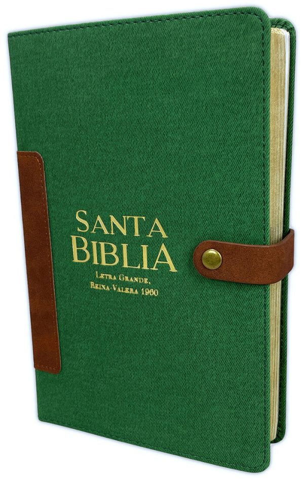 Biblia RVR60 Letra Grande Tapa piel tela vintage verde/café con broche