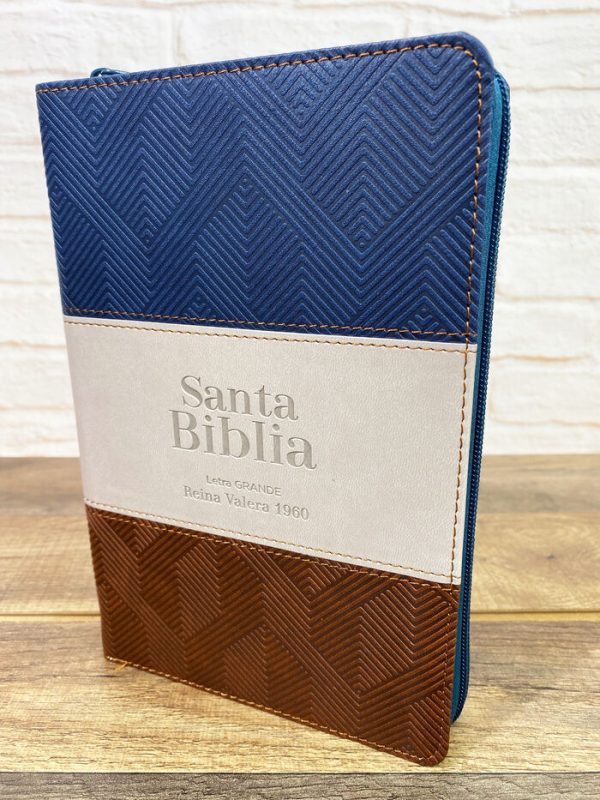 Biblia RVR60 tamaño manual Letra grande tricolor Tapa piel azul/beige/marrón cierre índice concordancia